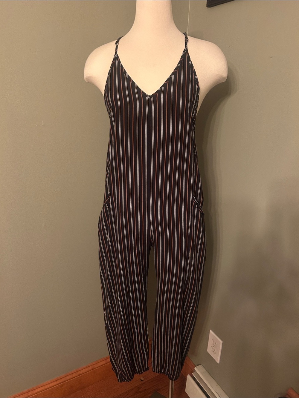Striped Black V-Neck Spaghetti-Strap Jumpsuit